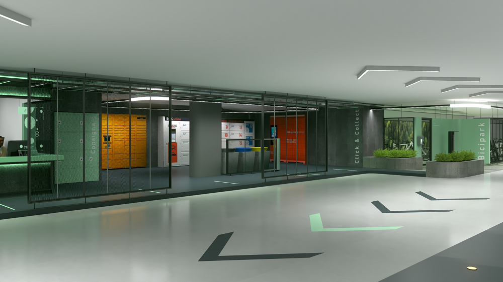 Render del nuevo Click&Collect del aparcamiento B:SM Ciutadella del Conocimiento