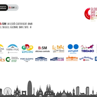 Il.lustració d'un skyline de Barcelona amb la presència dels logos dels negocis de B:SM