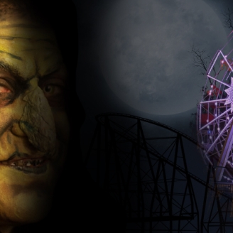 Una cara d'una bruixa i la sínia de nit del Parc d'atraccions Tibidabo per anunciar els espectacles de Halloween.