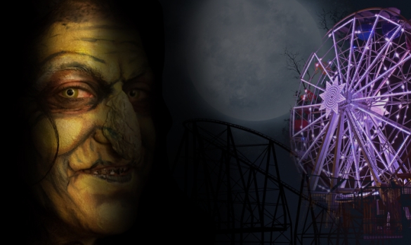 Una cara d'una bruixa i la sínia de nit del Parc d'atraccions Tibidabo per anunciar els espectacles de Halloween.