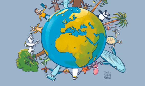 Il.lustració de la terra amb diferents espècies animals i vegetació