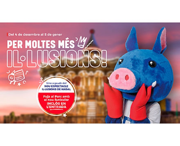 Imatge d'una mascota del Parc d'atraccions Tibidabo amb el carrusel de fons