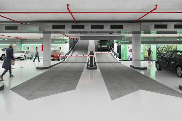 Rendering of the interior of the new Parking B:SM Ciutadella del Coneixement